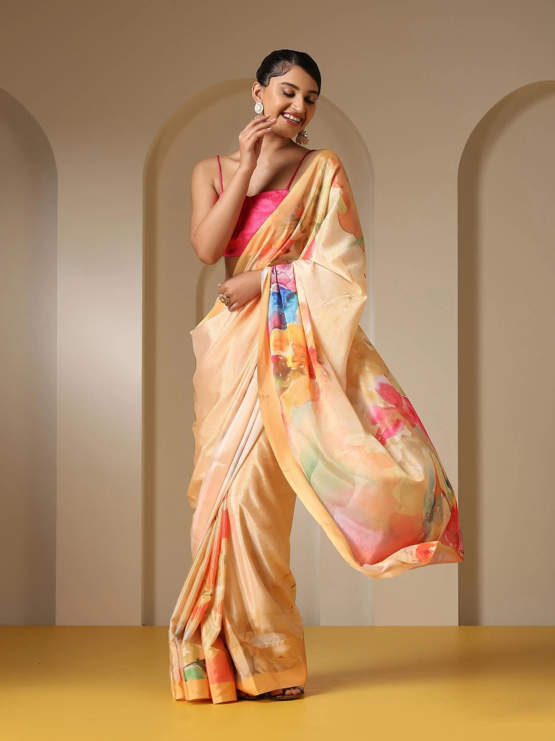 Brush Strokes Wine Printed Saree with Blouse Fabric