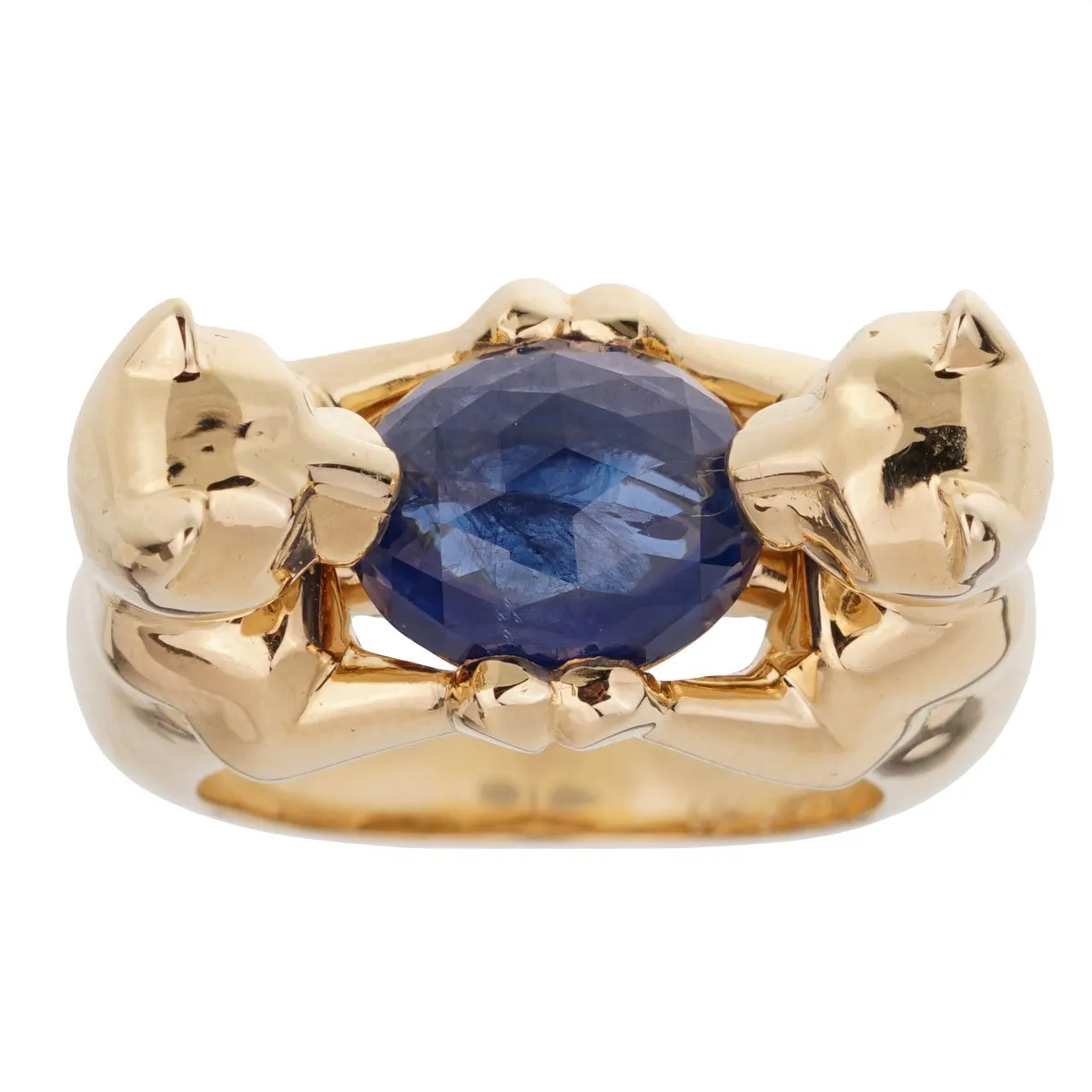 Cartier Double Panthere Sapphire Yellow Gold Ring Sz 6 1/4