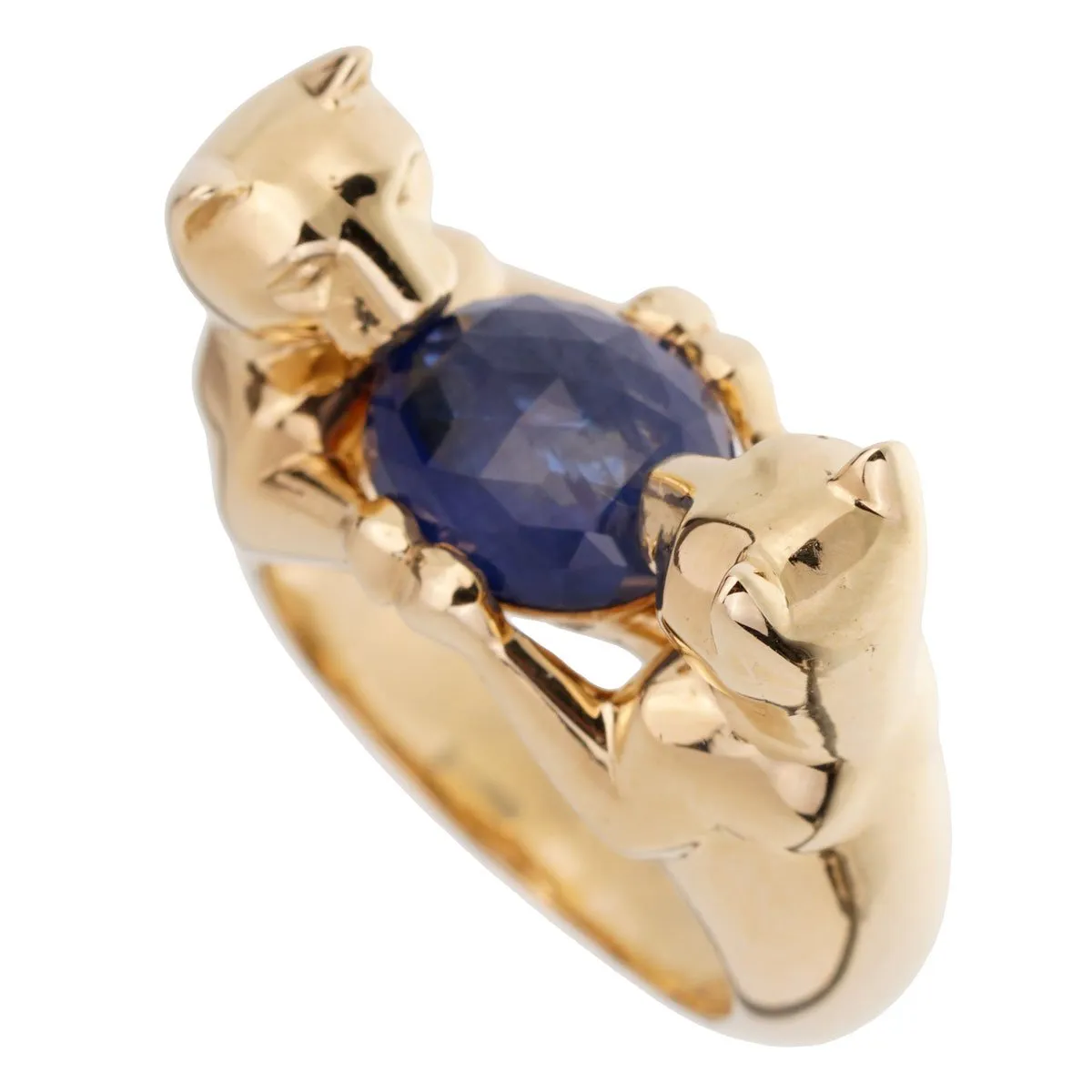 Cartier Double Panthere Sapphire Yellow Gold Ring Sz 6 1/4