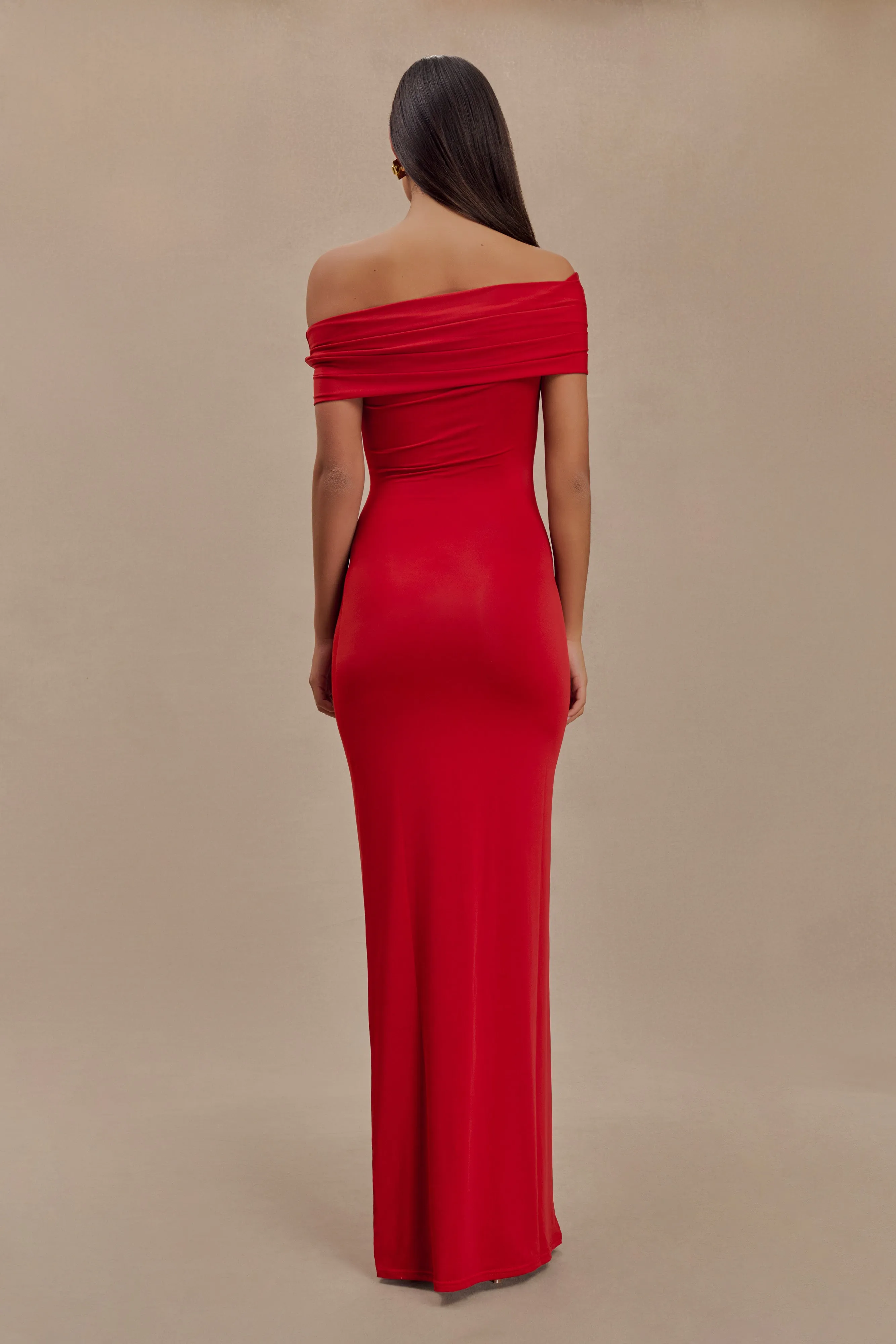 Cassandra Off Shoulder Slinky Maxi Dress - Red