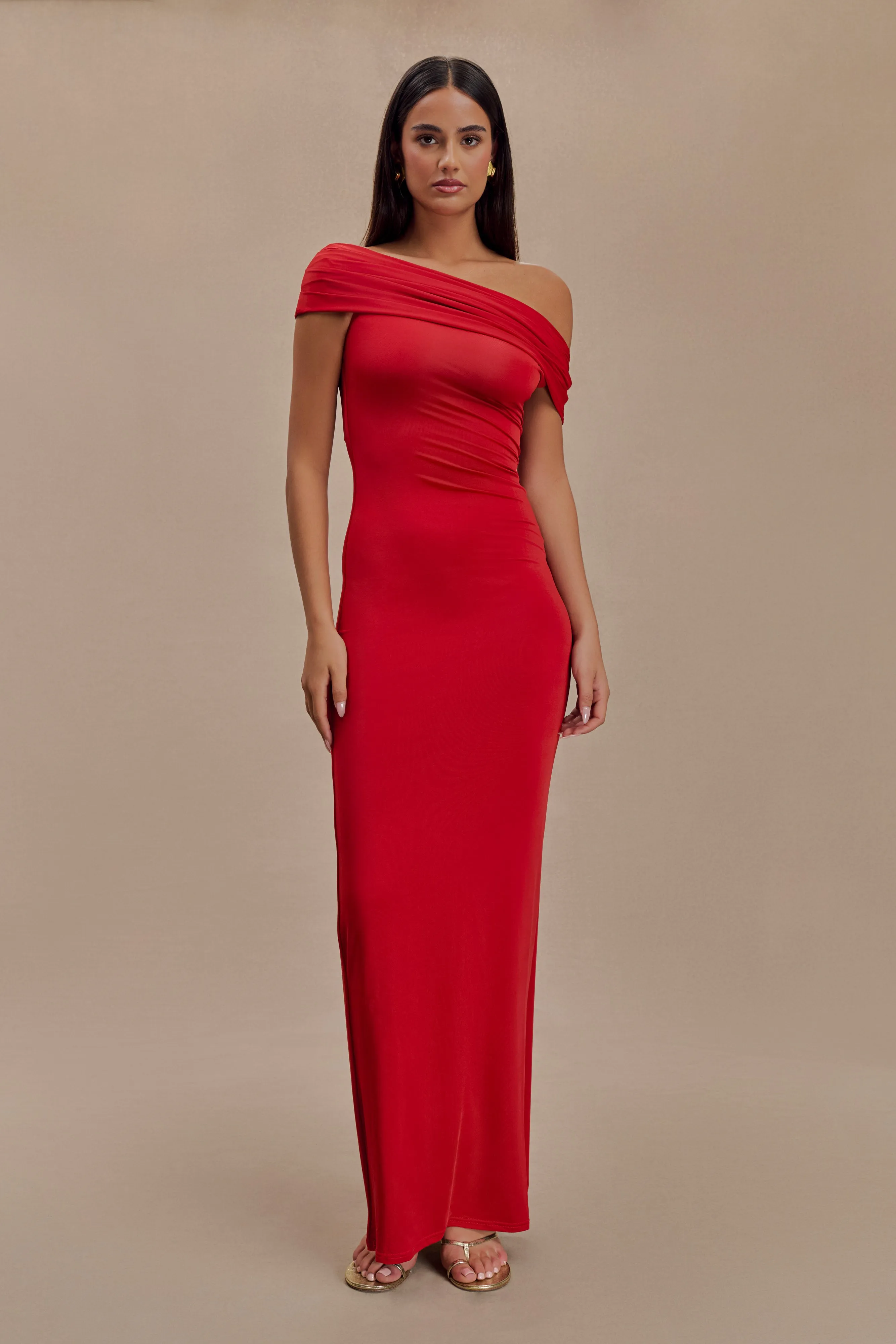 Cassandra Off Shoulder Slinky Maxi Dress - Red