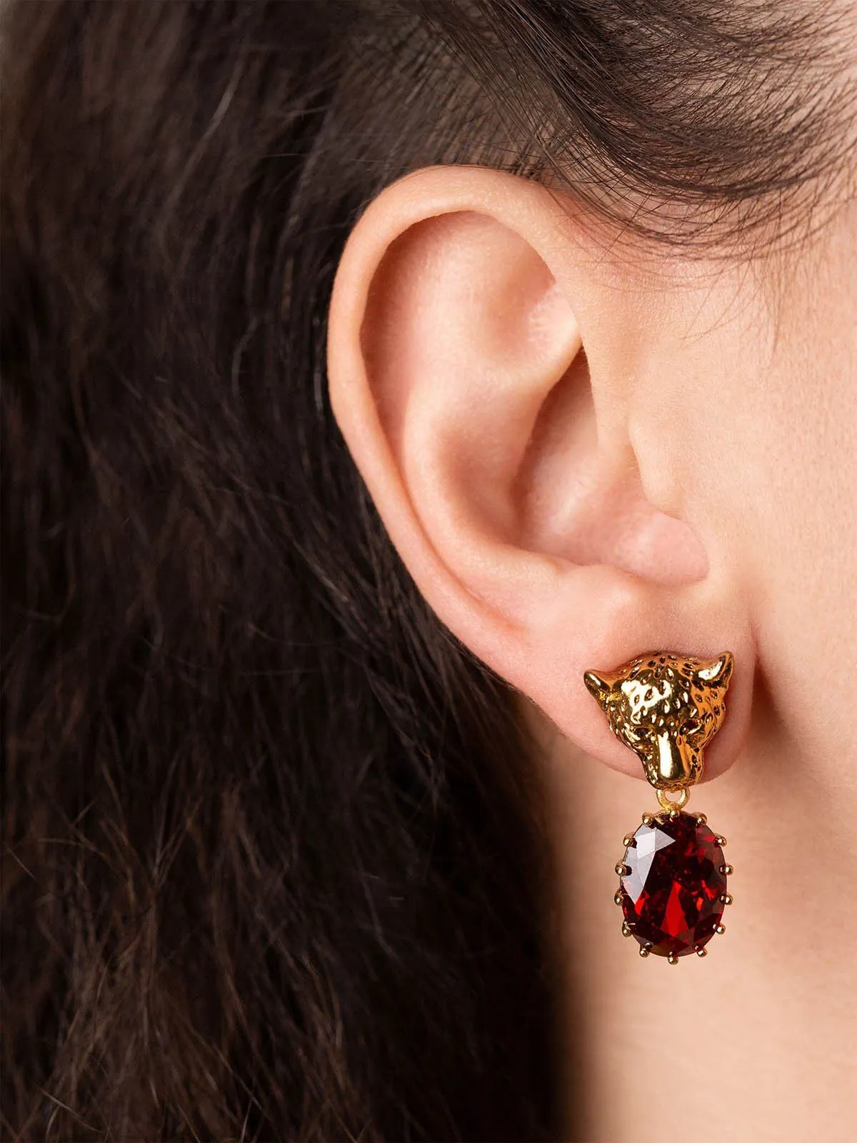 Cheetah Earrings With Red CZ Stones