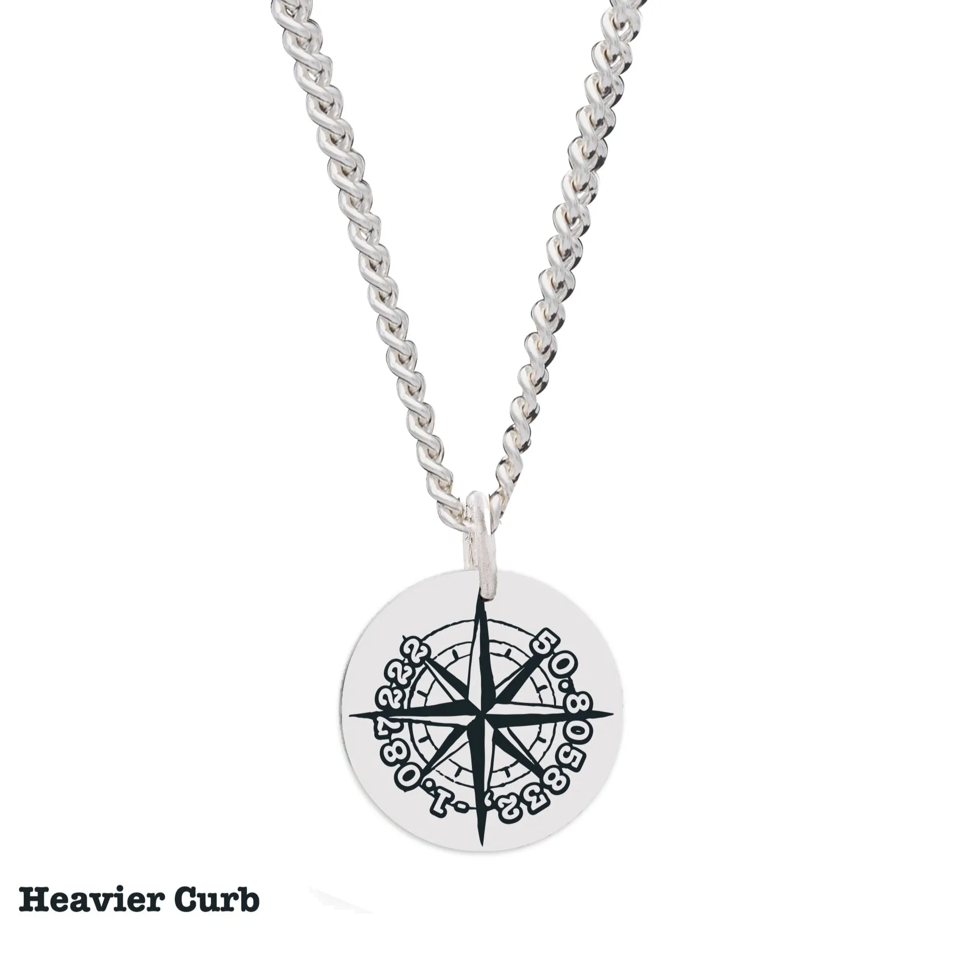 Compass Co-Ordinates Lat-Long 20mm Silver Disc Necklace