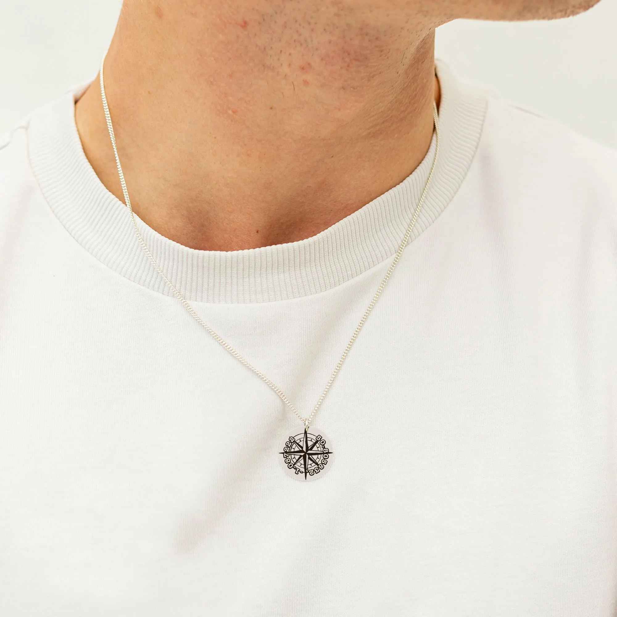 Compass Co-Ordinates Lat-Long 20mm Silver Disc Necklace