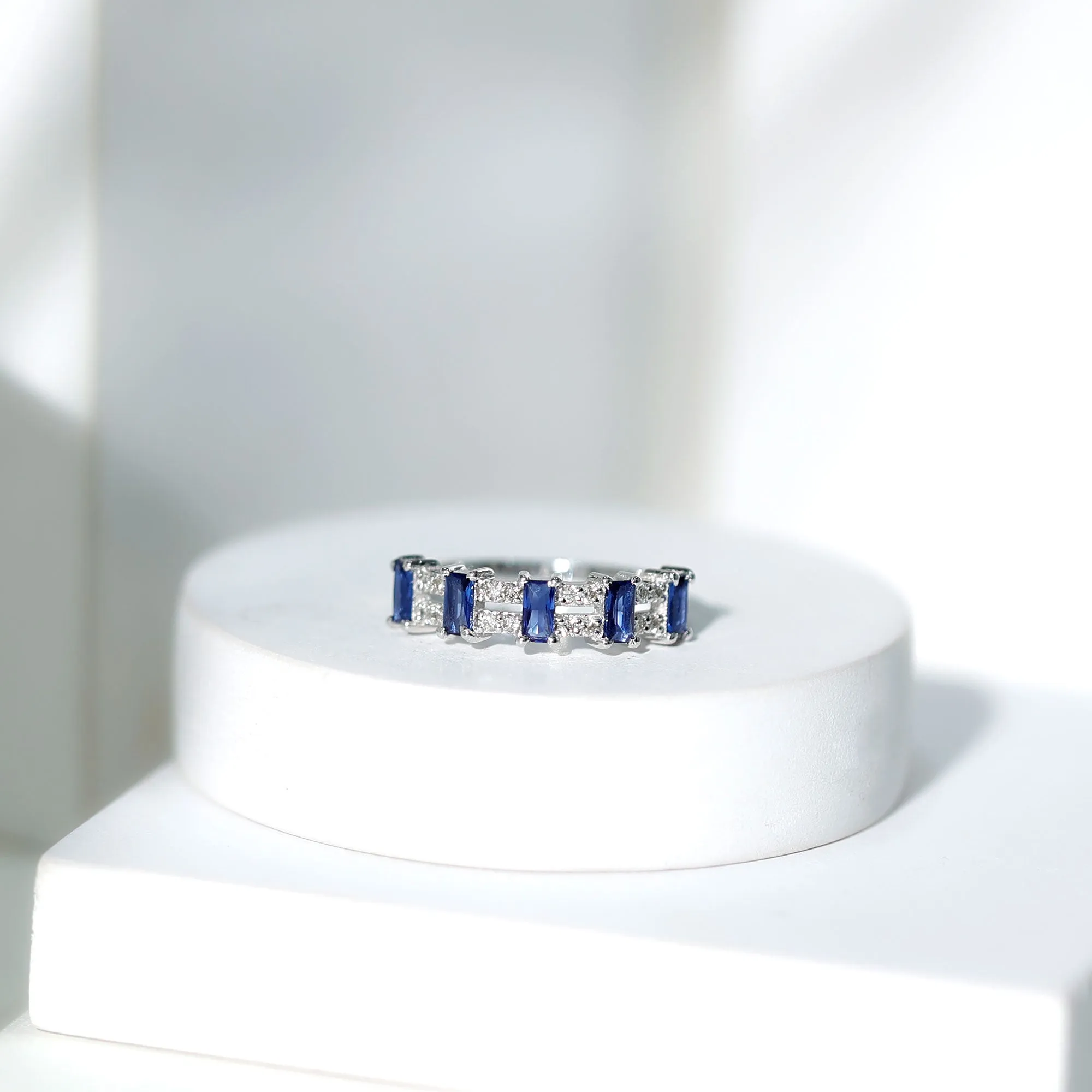 Created Blue Sapphire and Diamond Wide Half Eternity Band