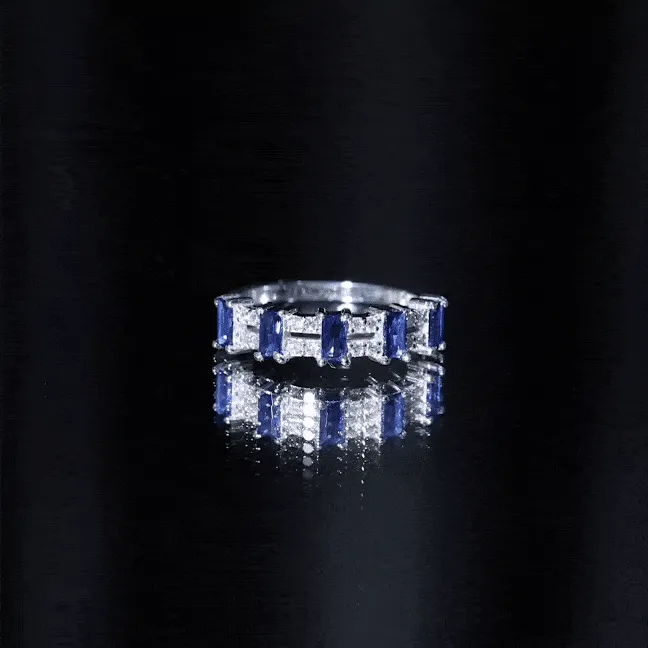 Created Blue Sapphire and Diamond Wide Half Eternity Band