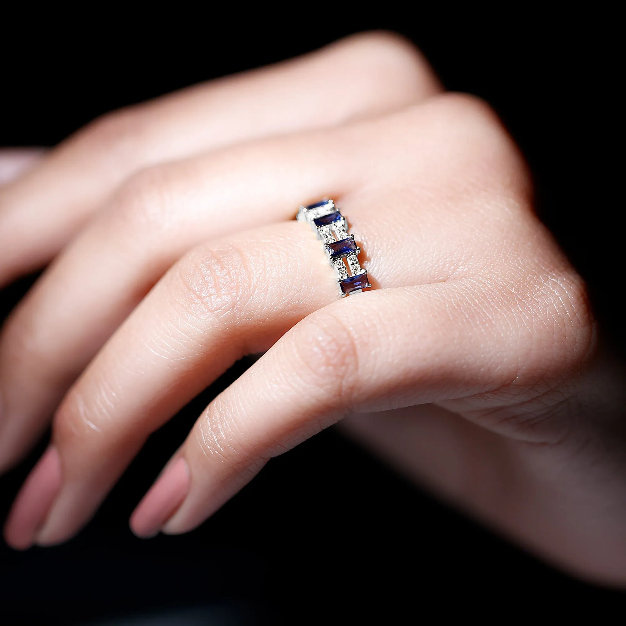 Created Blue Sapphire and Diamond Wide Half Eternity Band