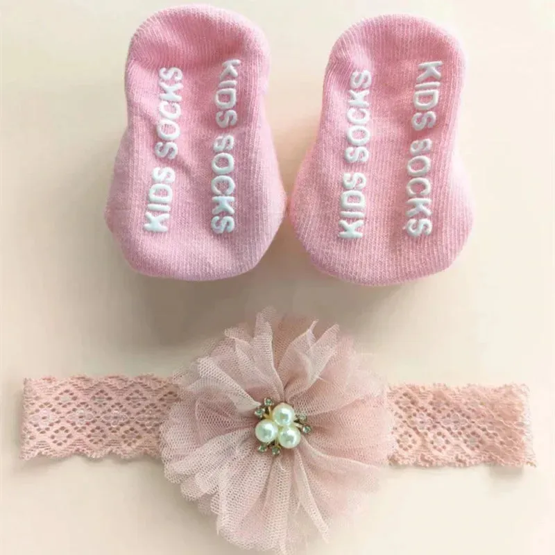 Cute Lovely Pearl Bows Baby Headband Socks Set Non Slip Cotton Sock