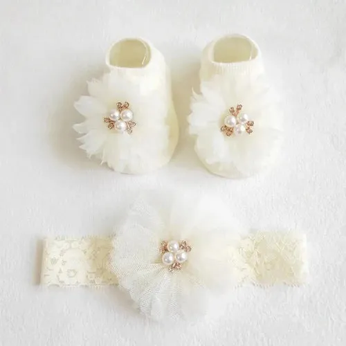 Cute Lovely Pearl Bows Baby Headband Socks Set Non Slip Cotton Sock