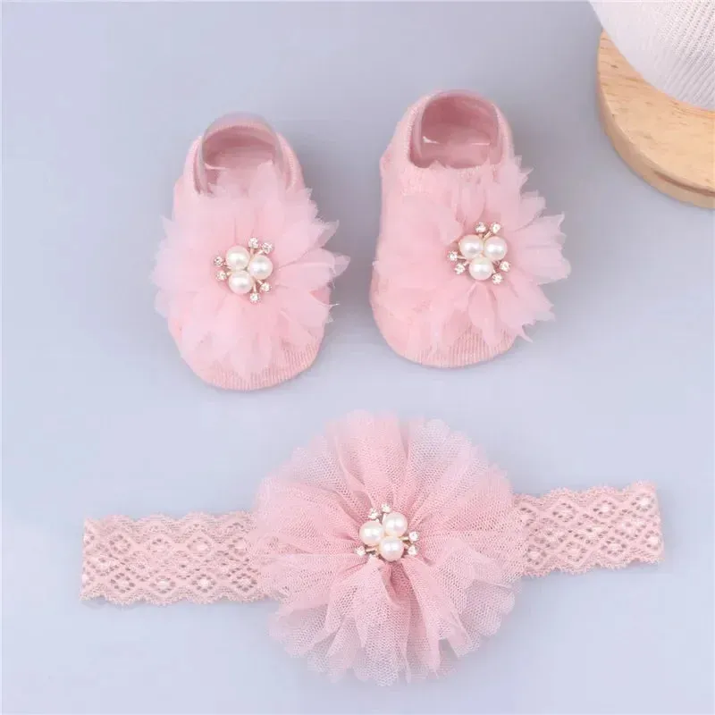 Cute Lovely Pearl Bows Baby Headband Socks Set Non Slip Cotton Sock