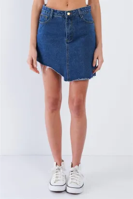 Dark Blue Washed Asymmetrical Raw Cut Hem Mini Skirt /2-2-1