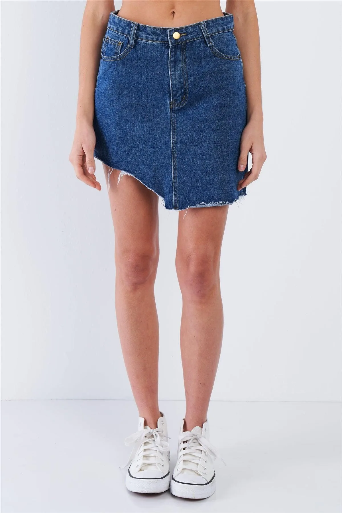 Dark Blue Washed Asymmetrical Raw Cut Hem Mini Skirt /2-2-1