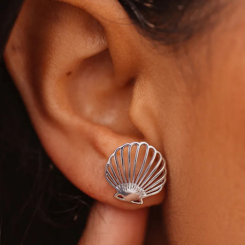 Delicate Shell Stud Silver Earrings