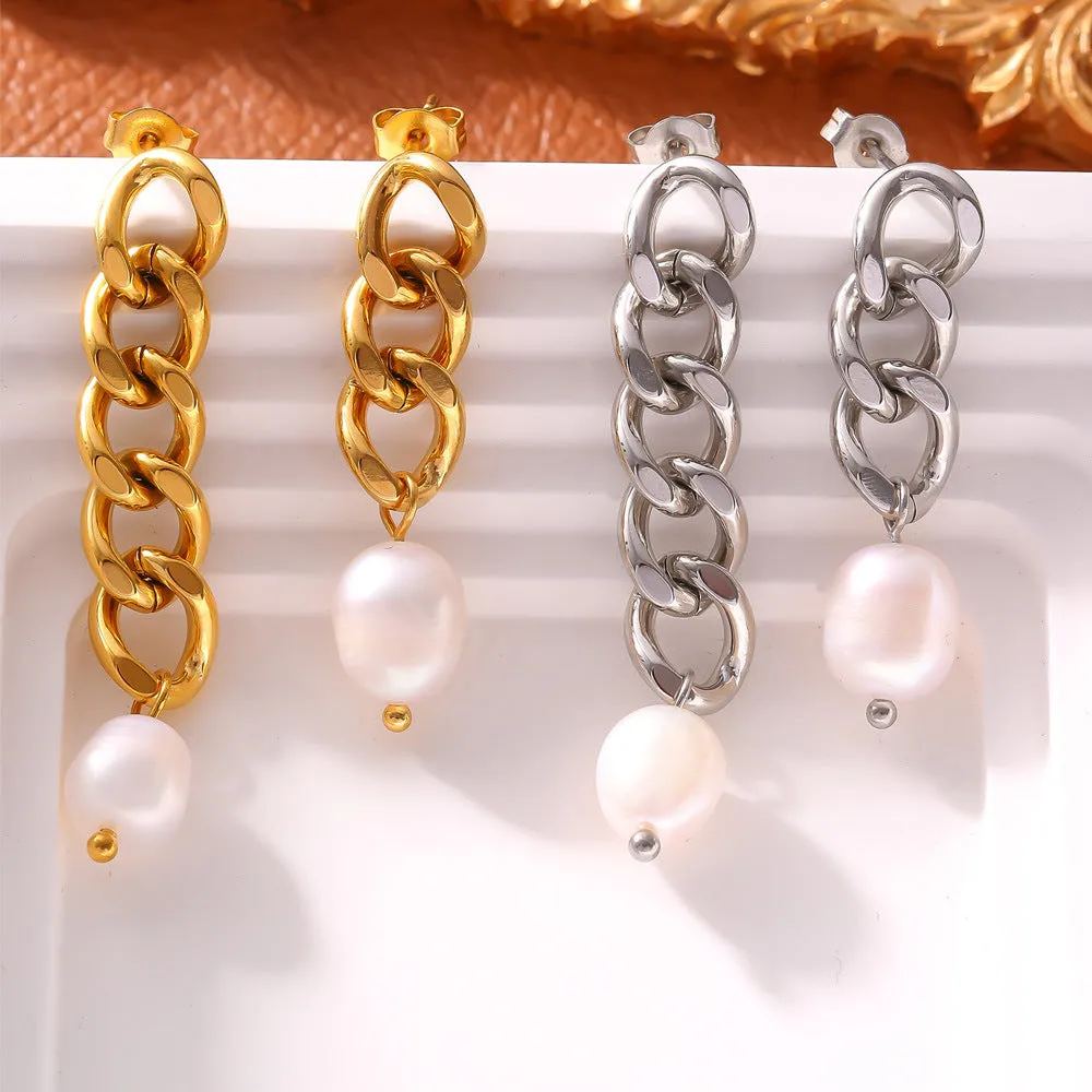 Elegant French Minimalist Freshwater Pearl Asymmetrical Chain Earrings