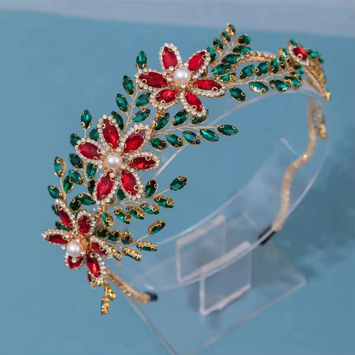 Elegant Rhinestone & Pearl Ladies Women Headband - Red and Green (Style 11)