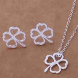 Four Leaf Clover Silhouette Silver Necklace and Earrings Set For Woman