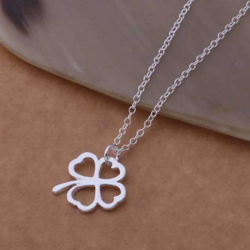 Four Leaf Clover Silhouette Silver Necklace and Earrings Set For Woman