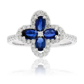 Four Oval Blue Sapphire Flower Style Ring with Diamonds