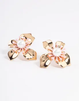 Gold Flower with Pearl Stud Earrings