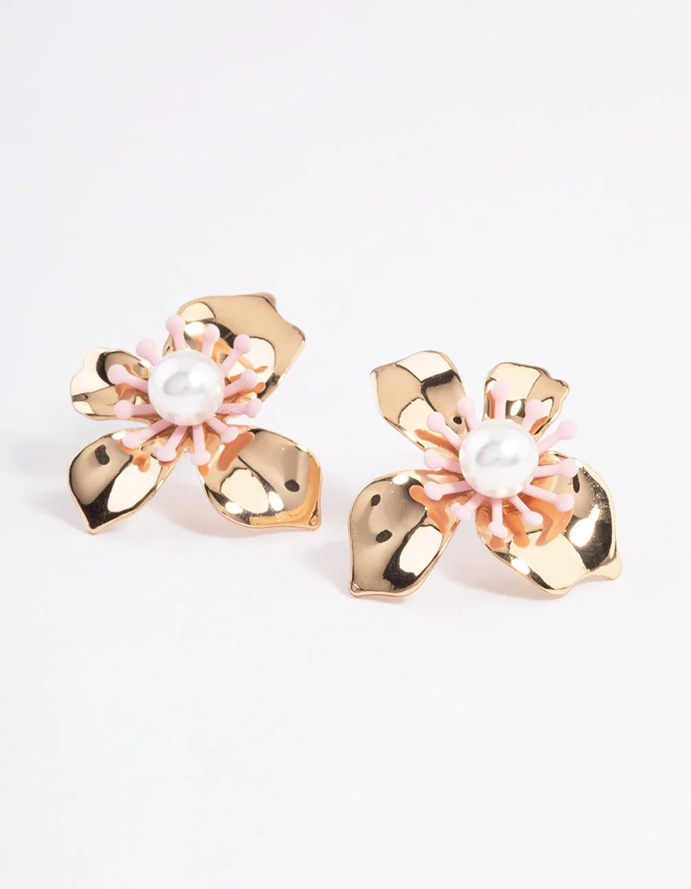 Gold Flower with Pearl Stud Earrings