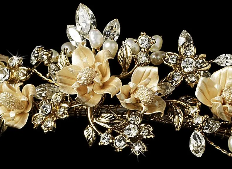 Gold Freshwater Pearl & Crystal Floral Tiara