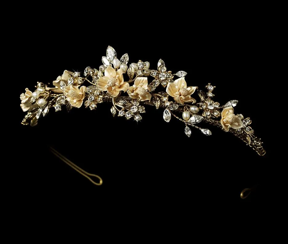 Gold Freshwater Pearl & Crystal Floral Tiara