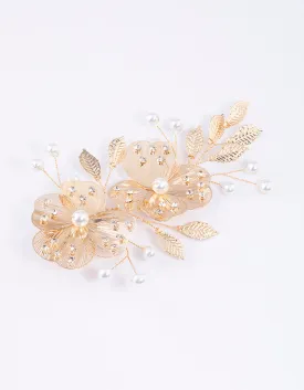 Gold Pearl Etched Flower Hair Clip