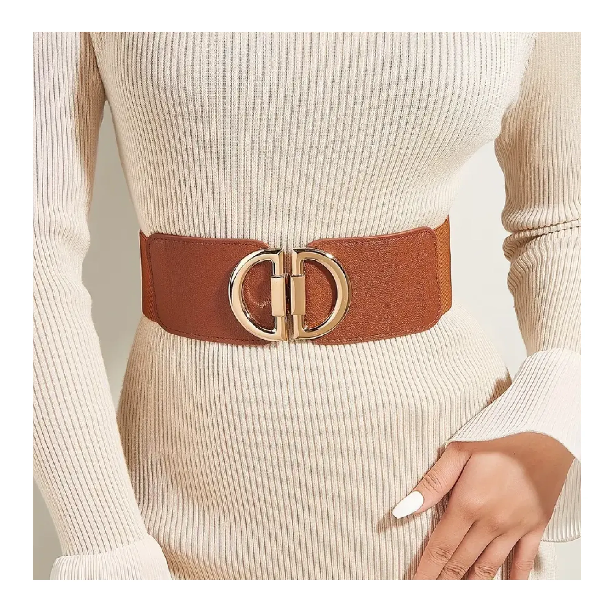 Golden Double D Buckle Wide Belts Classic Solid Color Elastic Waistband Trendy Elegant Dress Coat Girdle For Women Girls