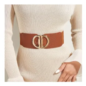 Golden Double D Buckle Wide Belts Classic Solid Color Elastic Waistband Trendy Elegant Dress Coat Girdle For Women Girls