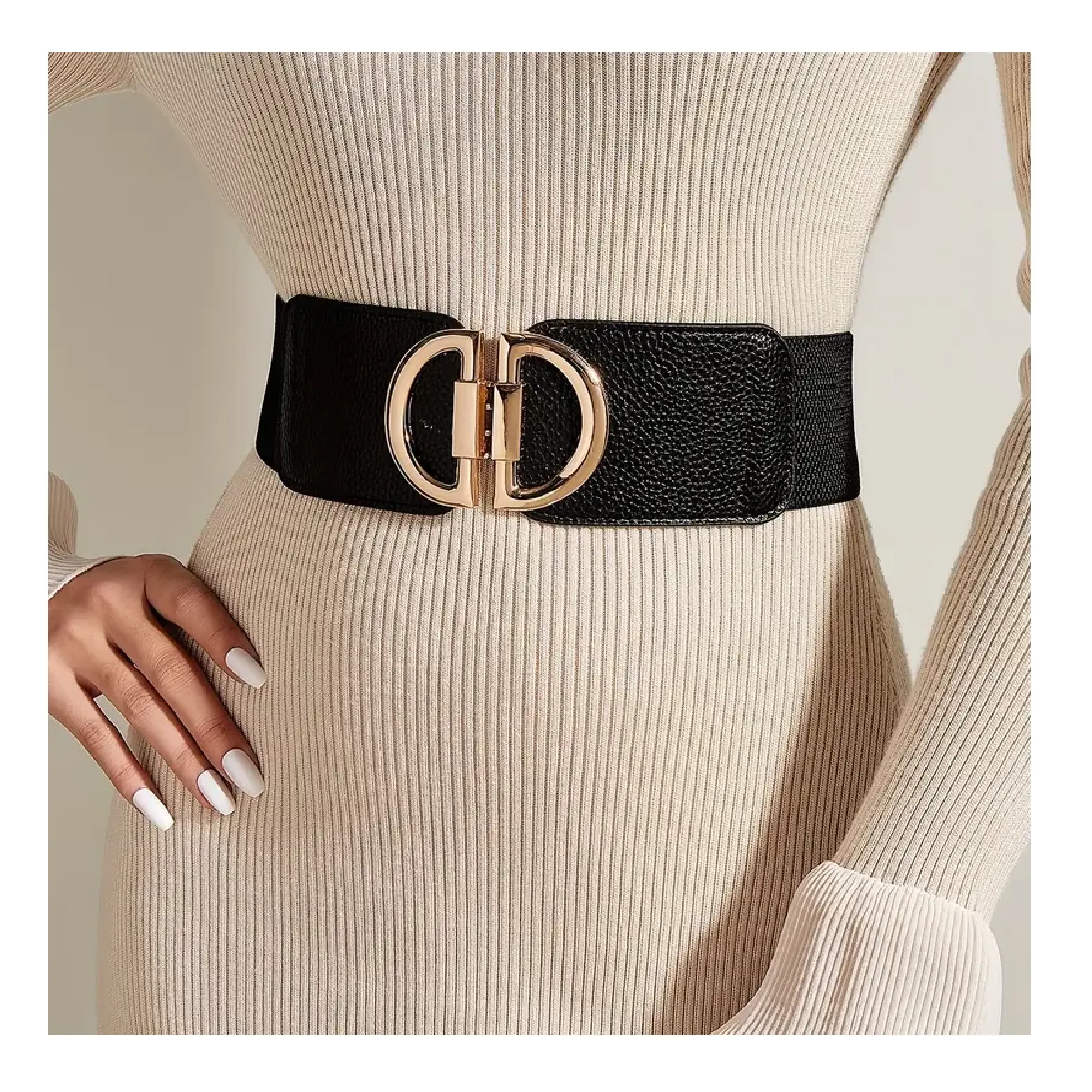 Golden Double D Buckle Wide Belts Classic Solid Color Elastic Waistband Trendy Elegant Dress Coat Girdle For Women Girls