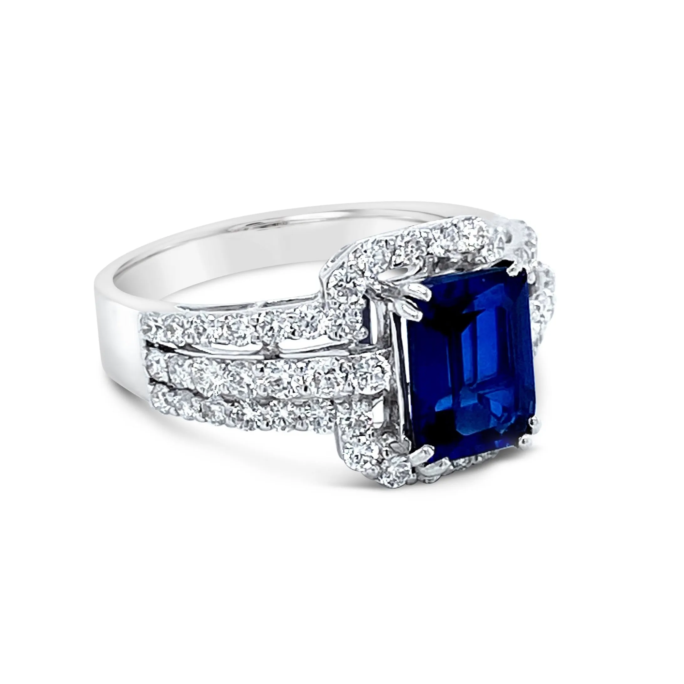 Halo Set Three Row Sides Sapphire & Diamonds "Sabrina" Ring