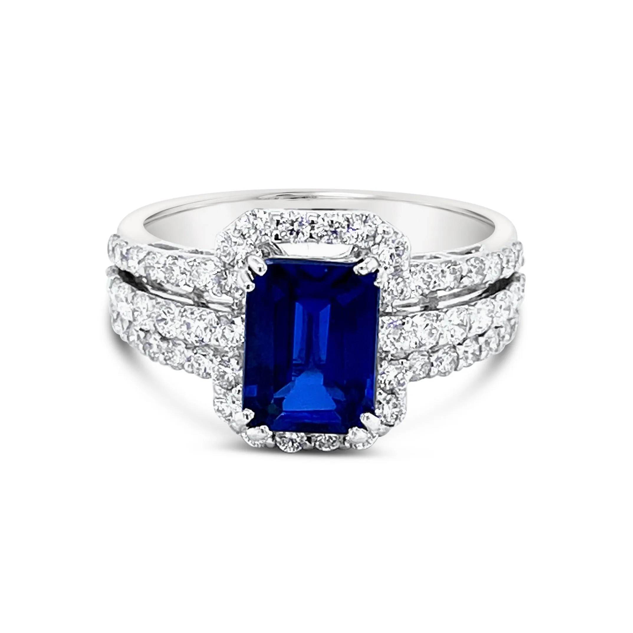 Halo Set Three Row Sides Sapphire & Diamonds "Sabrina" Ring