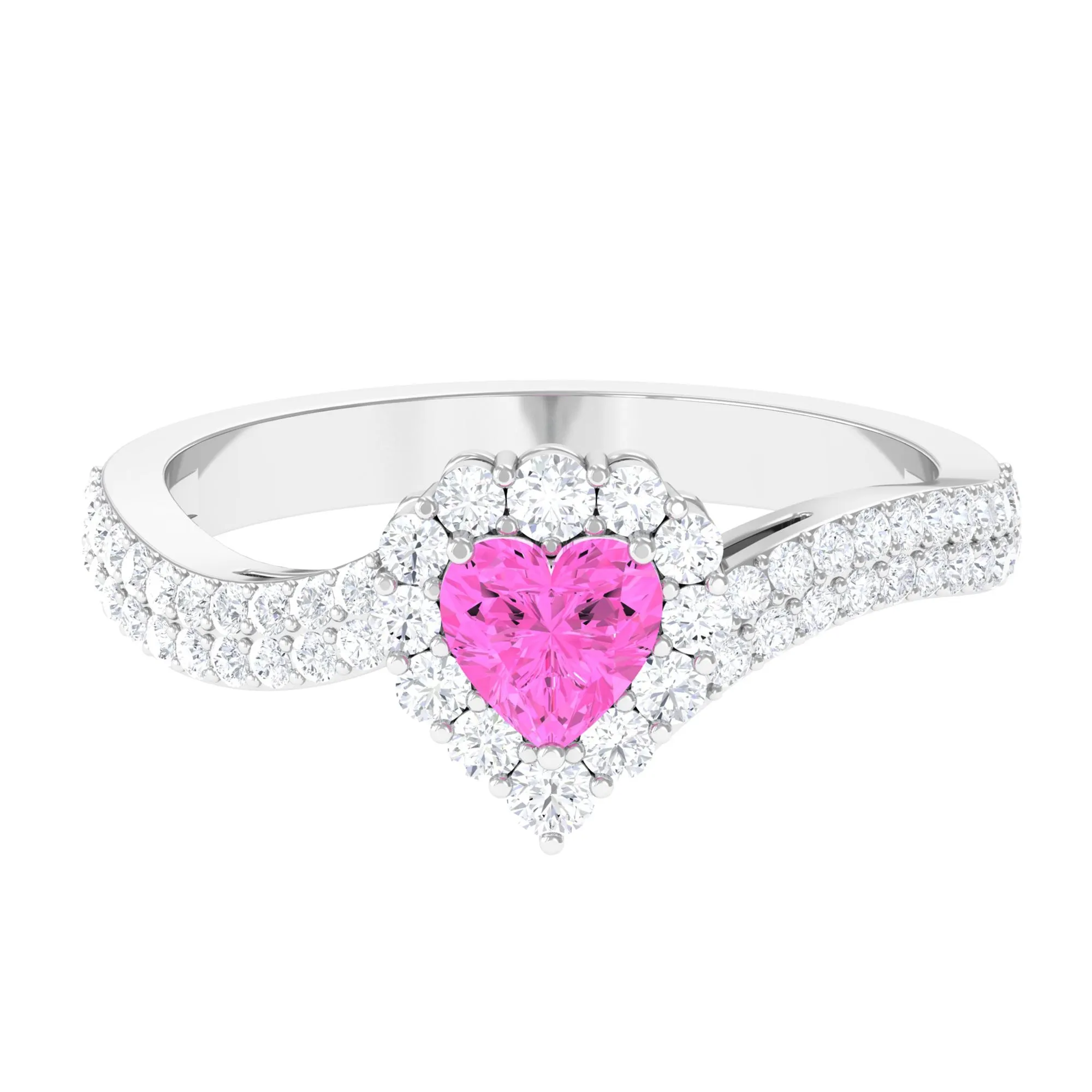 Heart Shape Pink Sapphire and Diamond Bypass Engagement Ring