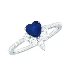 Heart Shaped Blue Sapphire Designer Ring with Diamond Half Halo