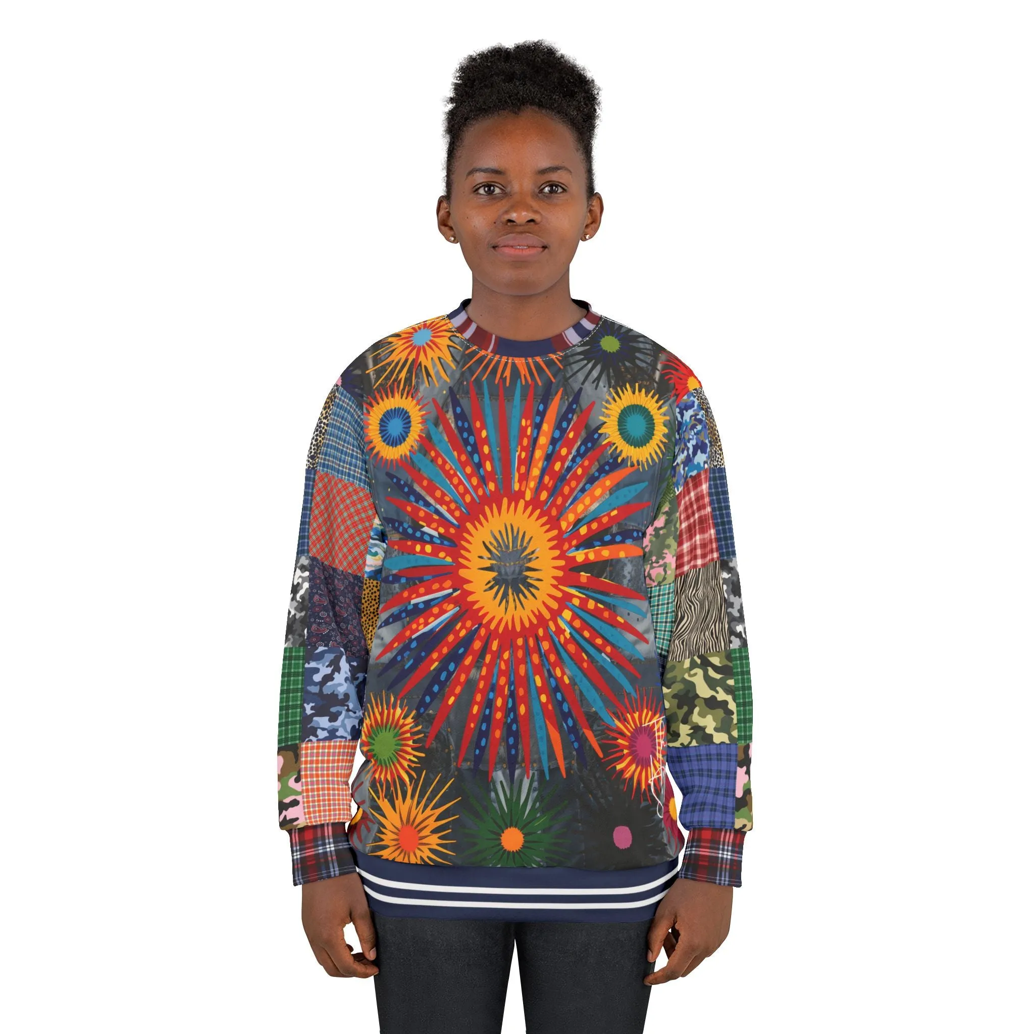 Hippie Sunburst in Denim Patchwork Unisex Sweatshirt (Gold Label)