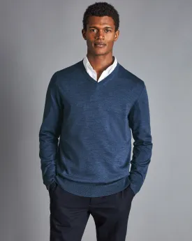 Indigo Blue Melange Pure Merino V Neck Jumper