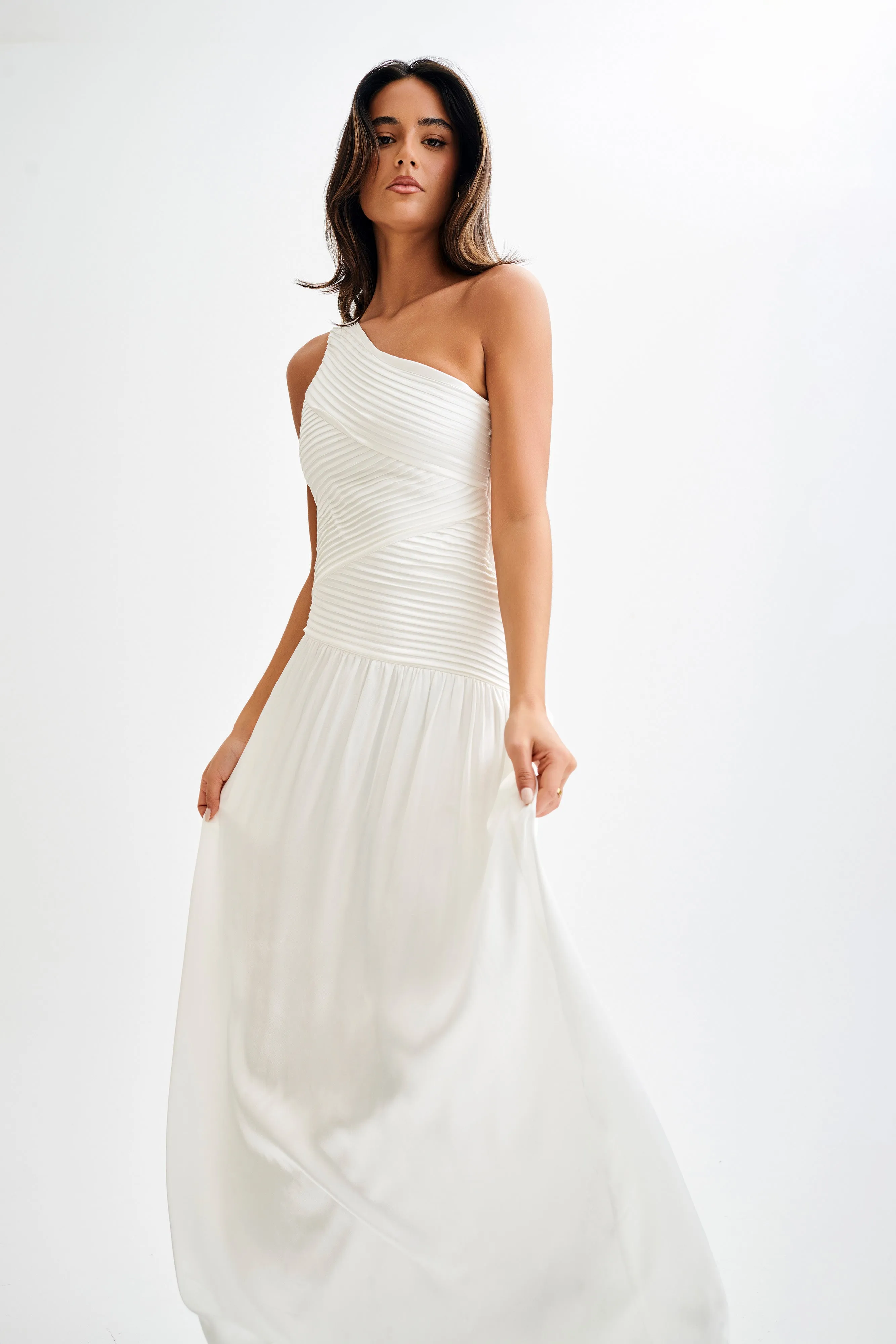 Jenna One Shoulder Pleated Maxi Dress - Ivory