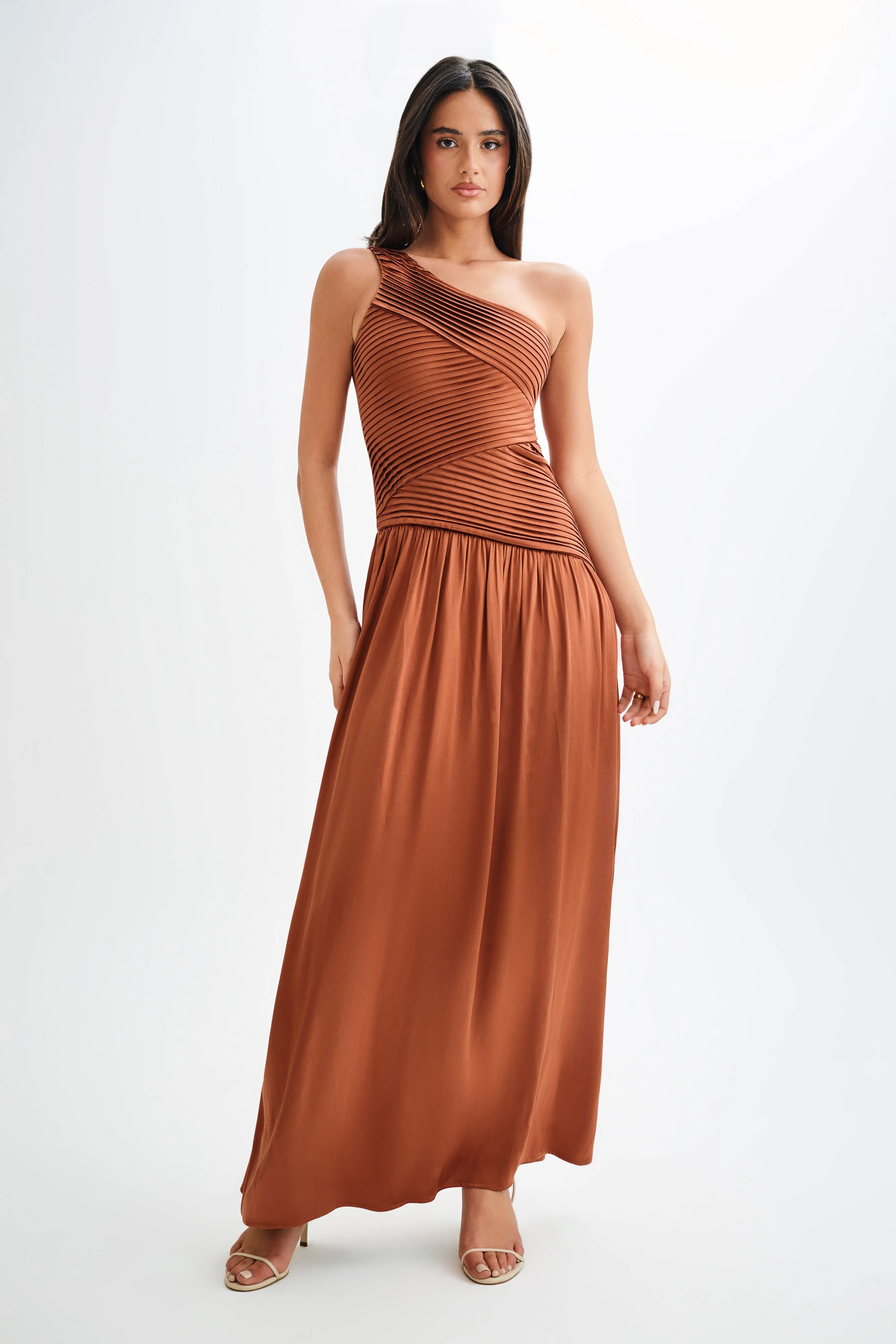 Jenna One Shoulder Pleated Maxi Dress - Wood