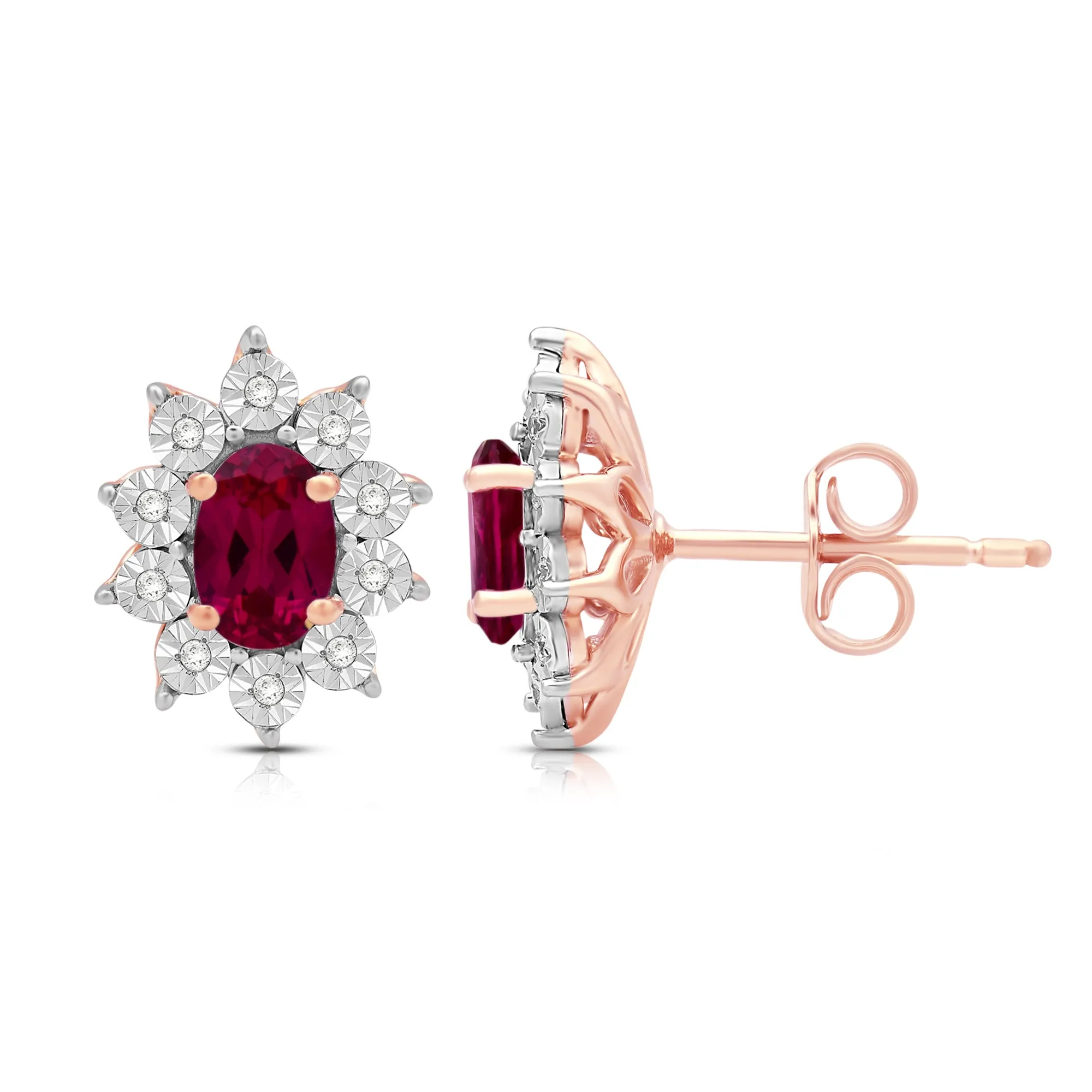 Jewelili 14K Rose Gold Over Sterling Sliver 6x4 MM Oval Created Ruby and 1/20 Cttw Natural White Round Diamond Cluster Stud Earrings