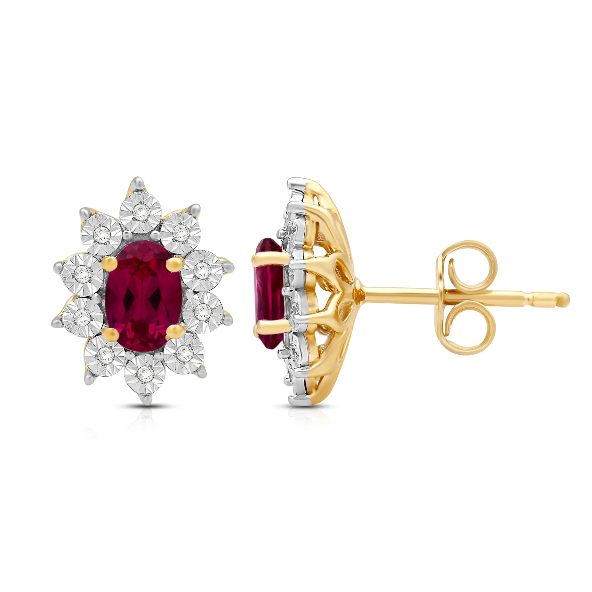 Jewelili 18K Yellow Gold over Sterling Sliver 6x4 MM Oval Created Ruby and 1/20 Cttw Natural White Round Diamond Cluster Stud Earrings