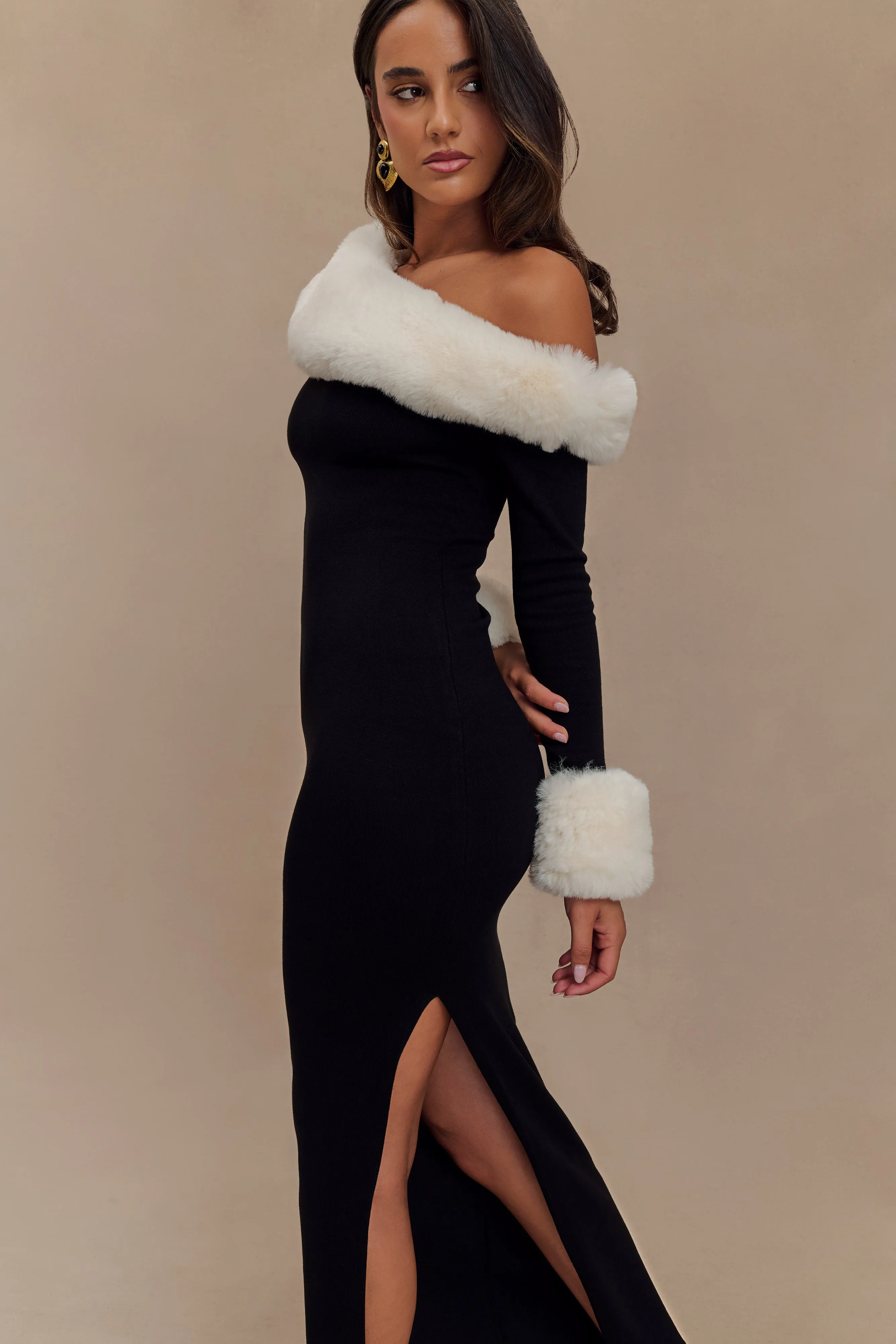 Karleigh Faux Fur Knit Maxi Dress - Black/White