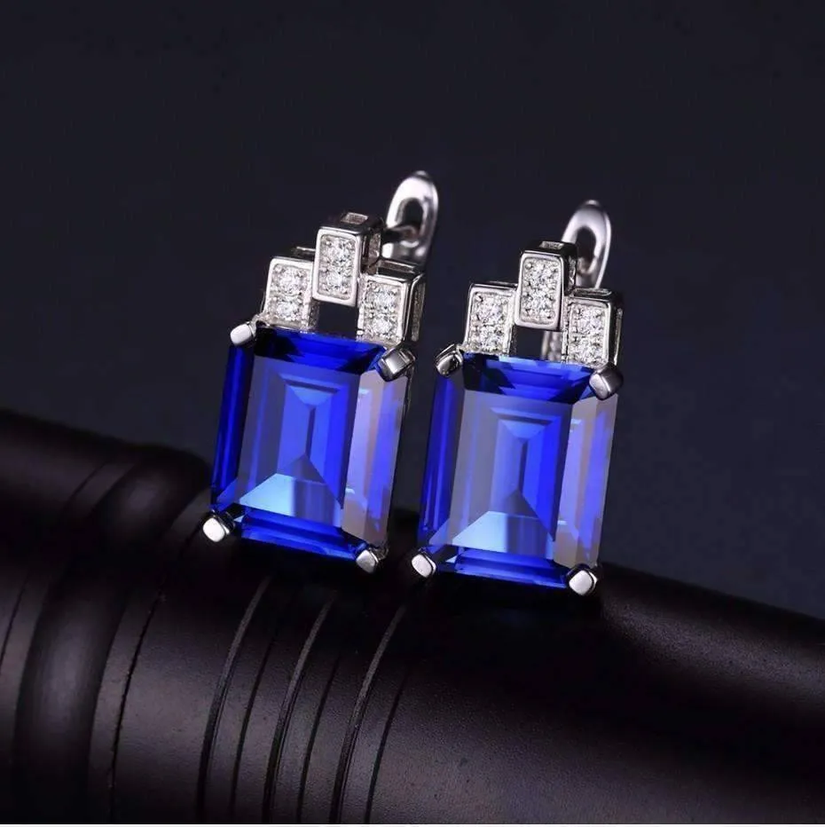 Legacy 8CT Emerald Cut Simulated Russian Sapphire IOBI Precious Gems Earrings