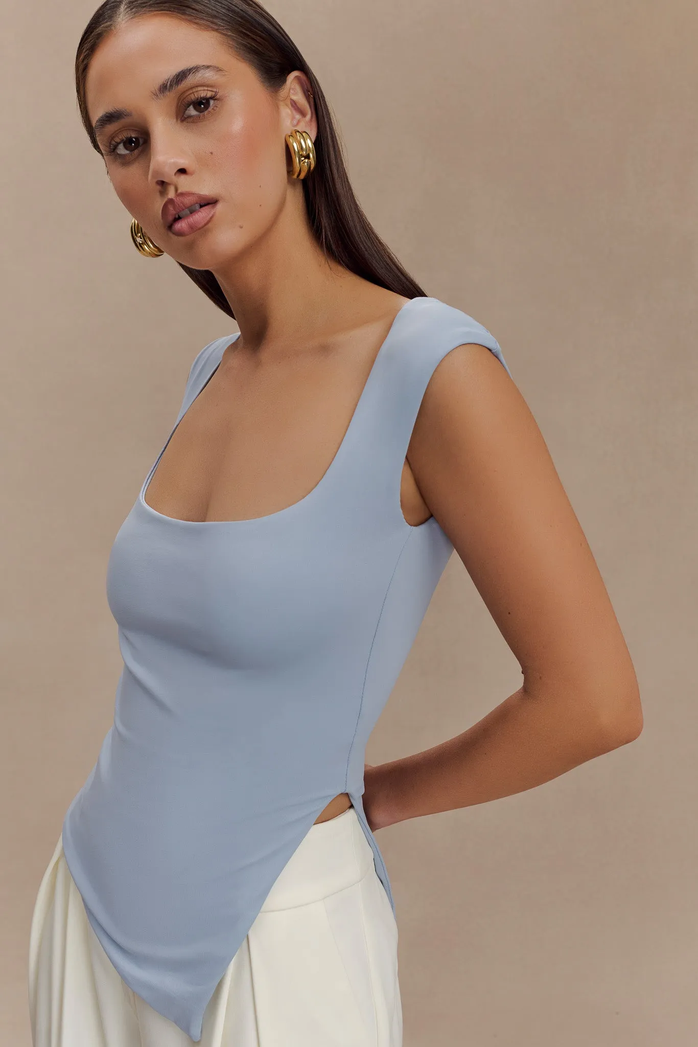 Lisette Asymmetric Recycled Nylon Top - Dusty Blue