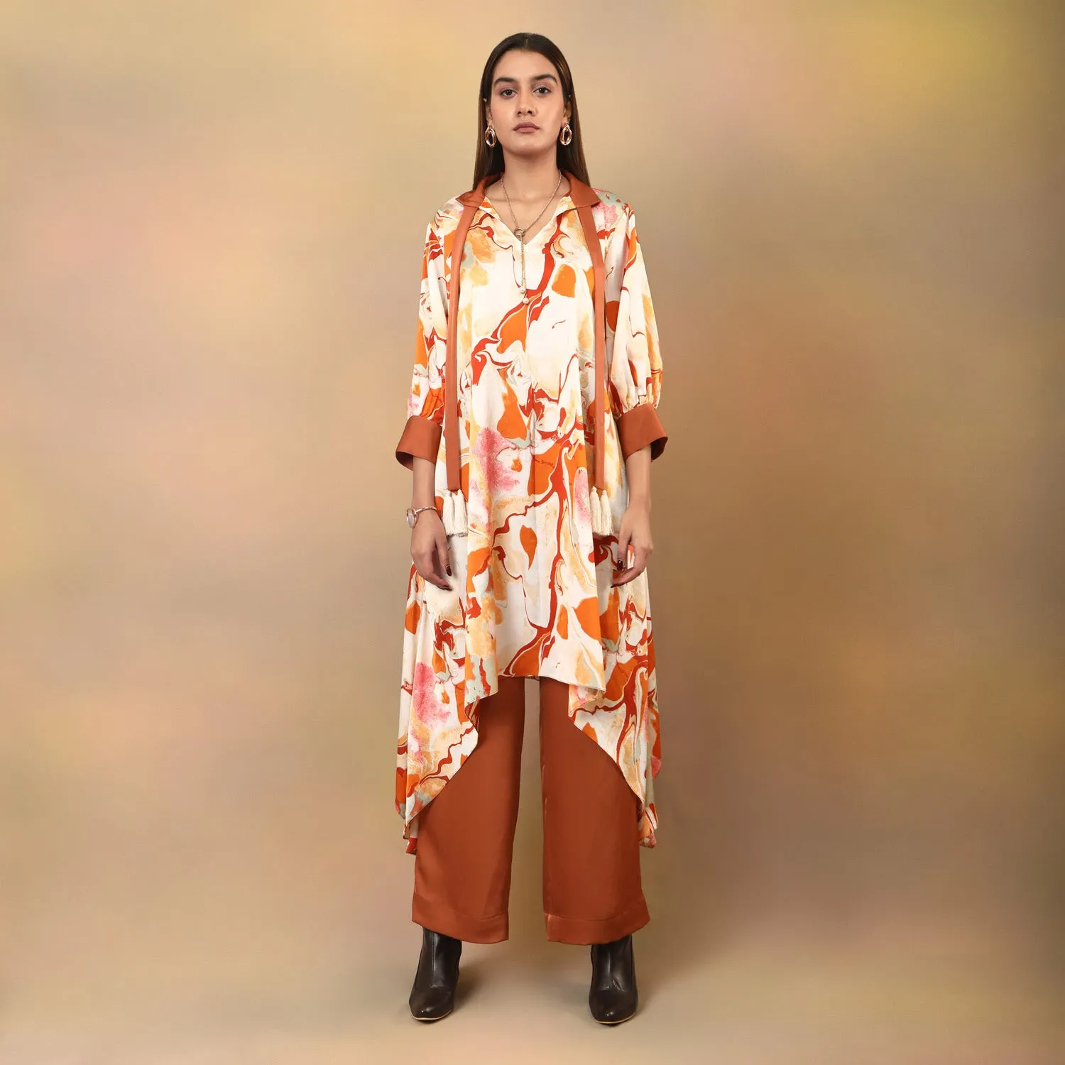 Marble Print Asymmetrical Long Kurta