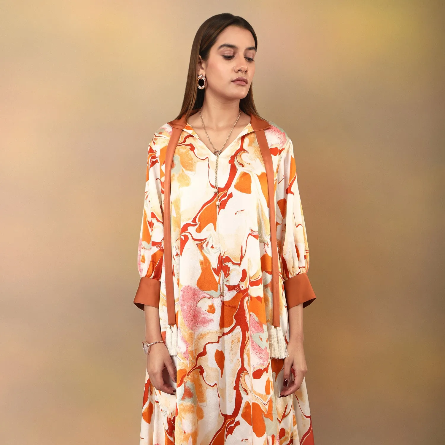 Marble Print Asymmetrical Long Kurta