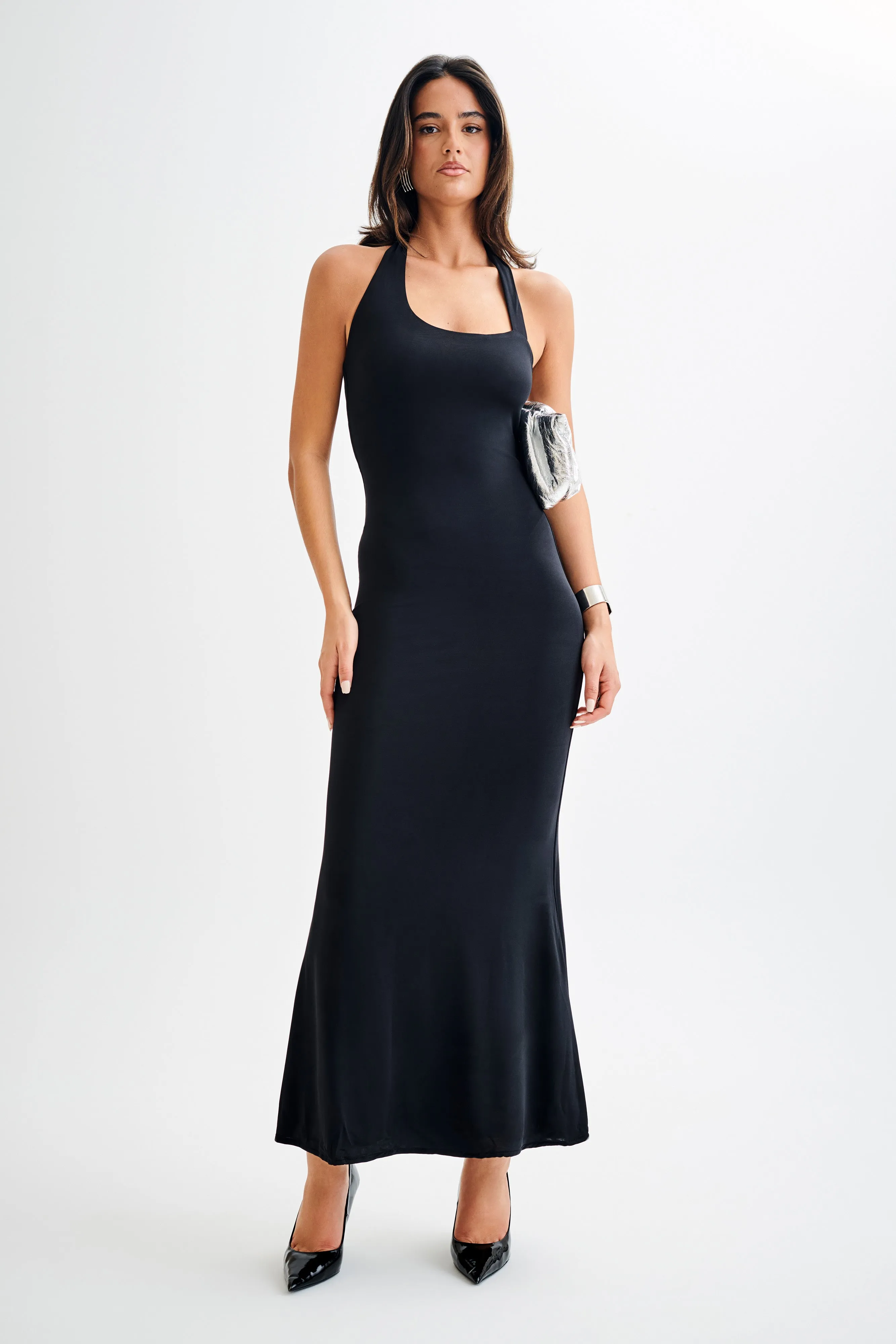 Marianne Asymmetrical Slinky Maxi Dress - Black