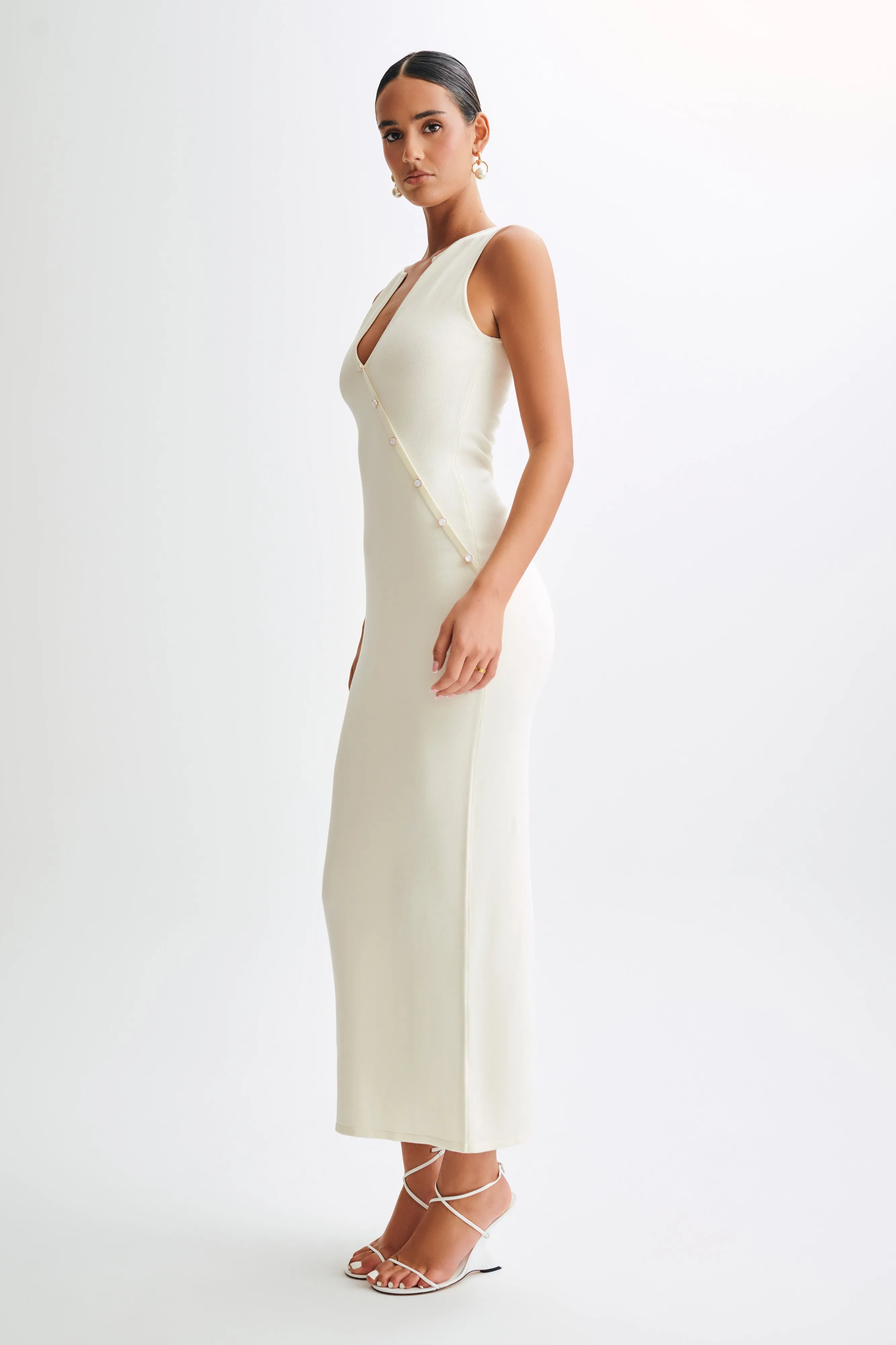 Marina Sleeveless Buttoned Knit Midi Dress - Ivory