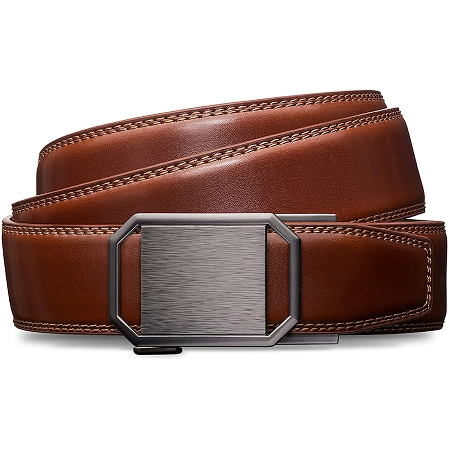 Mens Premium Leather Ratchet  Belt | 1.5” Wide | Metallic Octagon - Burnt Umber