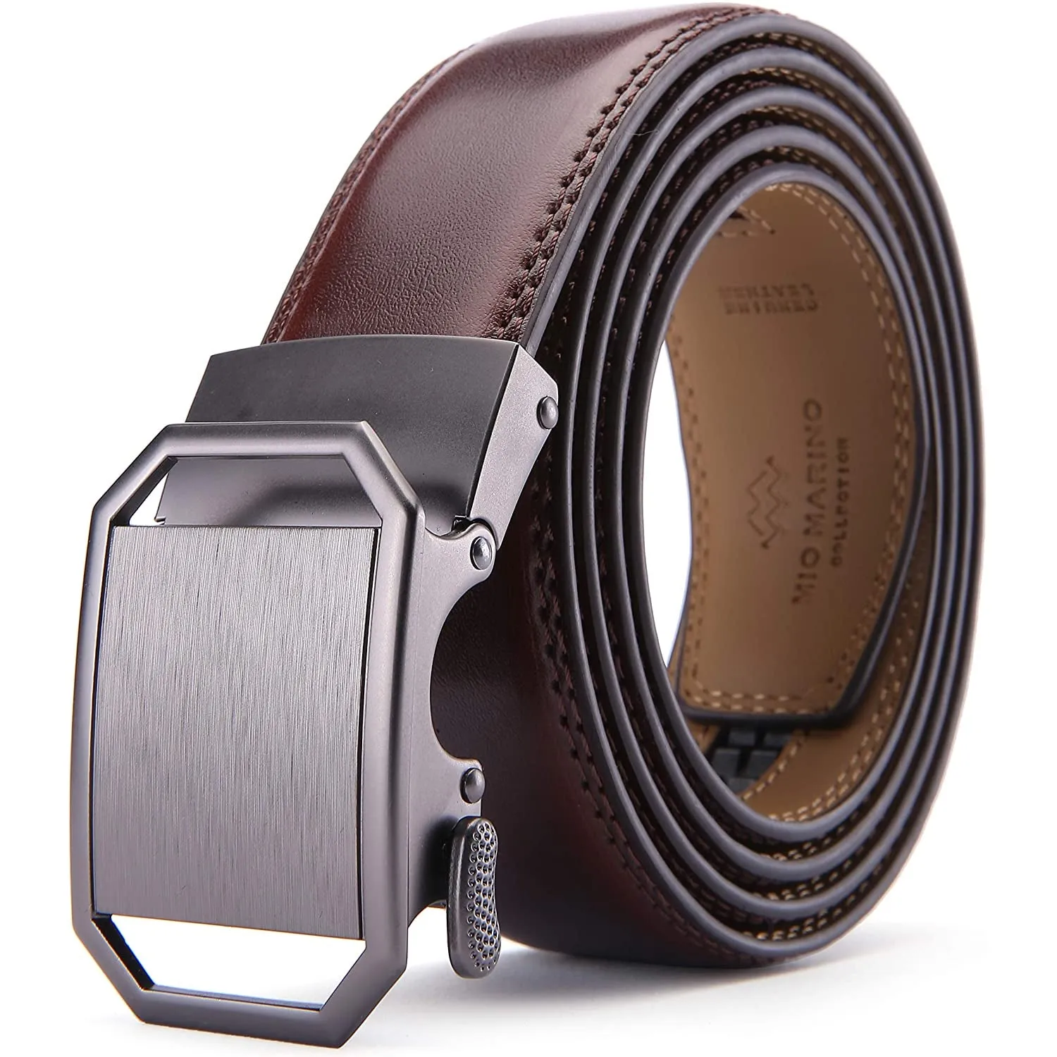 Mens Premium Leather Ratchet  Belt | 1.5” Wide | Metallic Octagon - Mahogany