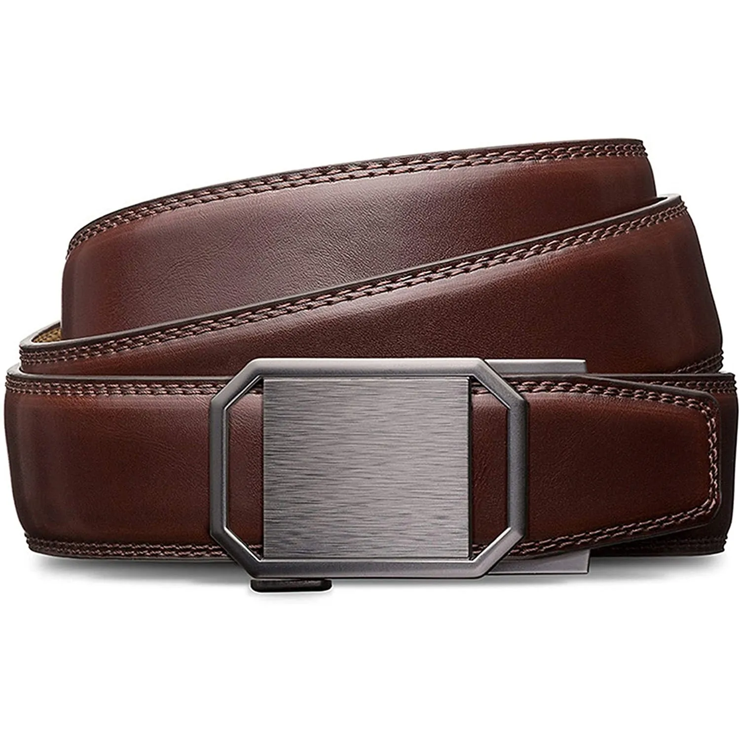 Mens Premium Leather Ratchet  Belt | 1.5” Wide | Metallic Octagon - Mahogany